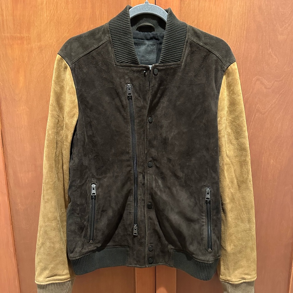 All Saints Two-Tone Suede Bomber Jacket - Black and Tan
